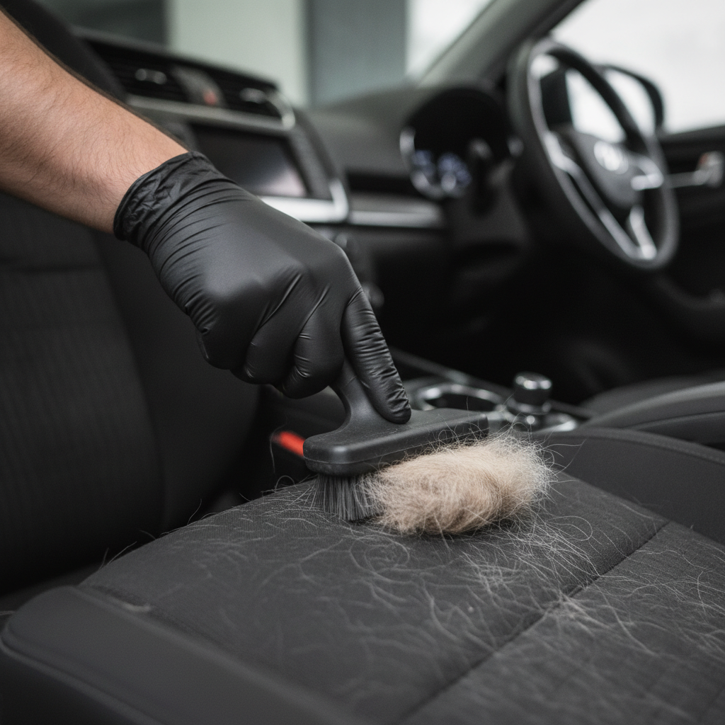technician doing Auto Pet Hair Removal, focus on the hand doing Auto Pet Hair Removal