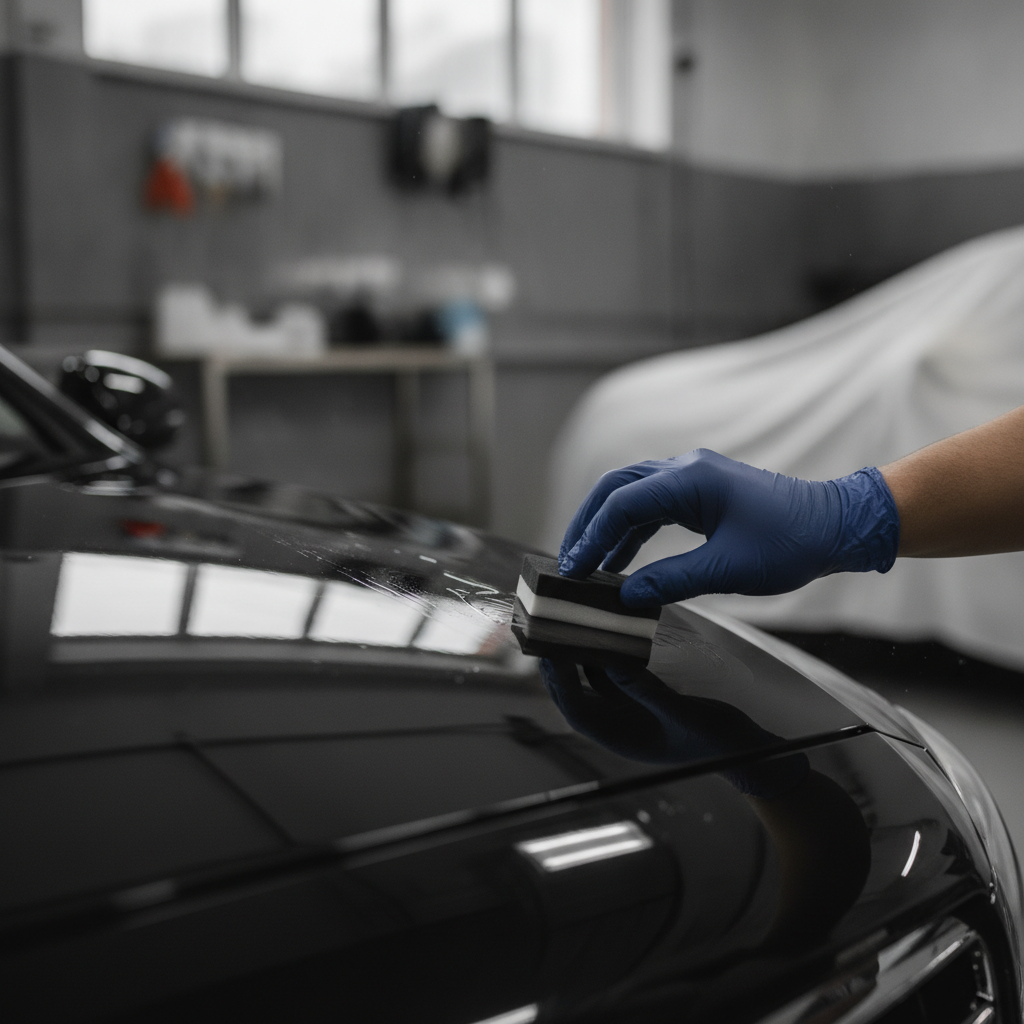 technician doing Ceramic Coating, focus on the hand doing Ceramic Coating